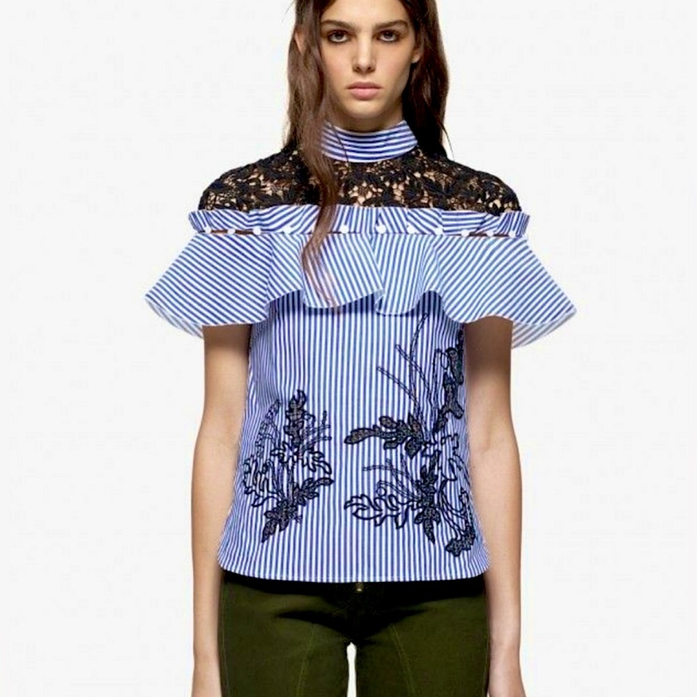 Self-Portrait Cutwork Embroidered Frill Shirt Blue Stripe